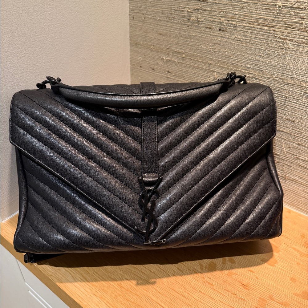 Saint Laurent “College” Large Matelassé Chevron YSL Leather Bag – Black-on-Black